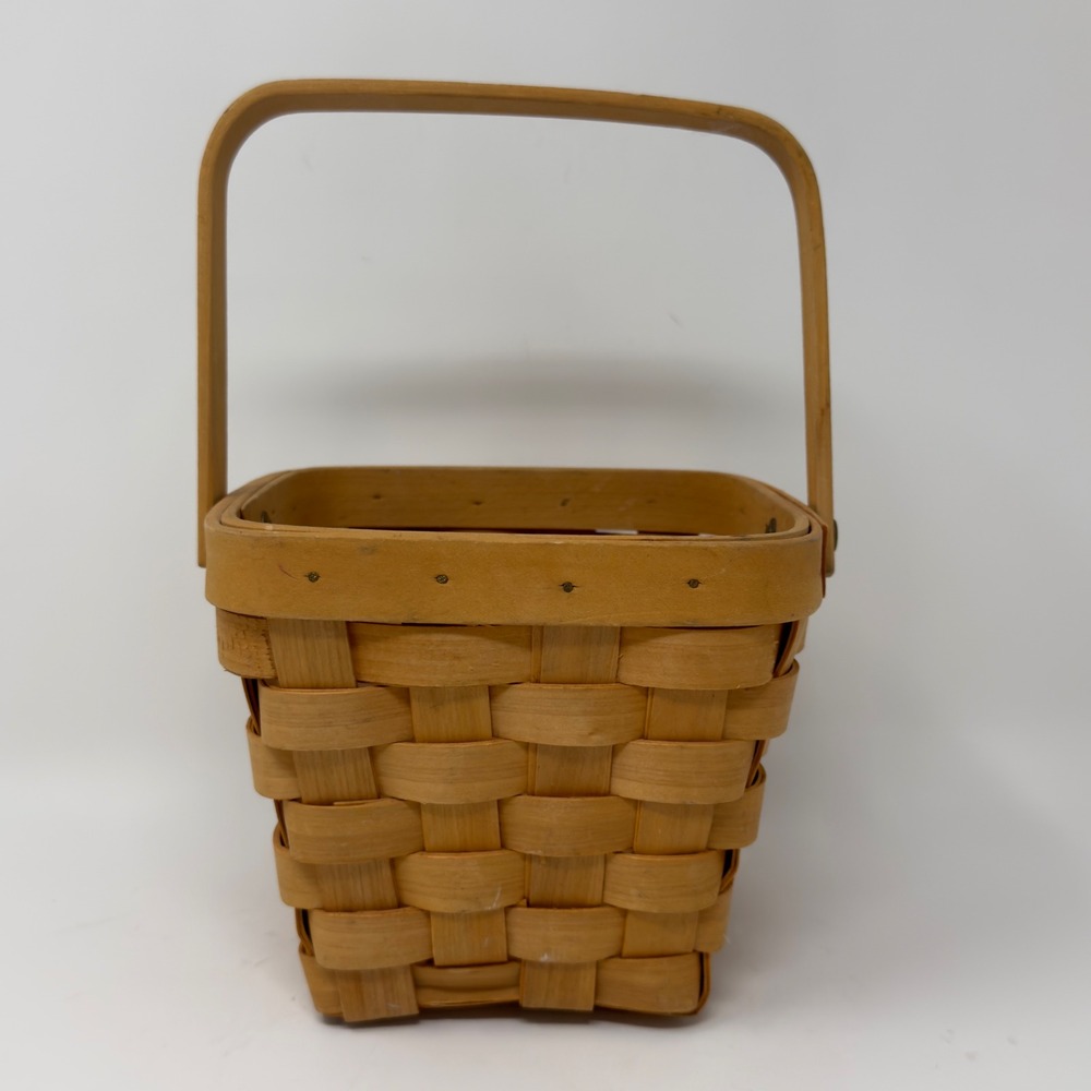 Vintage Woven Wood Splint Basket Square Swing Handle Country Farmhouse